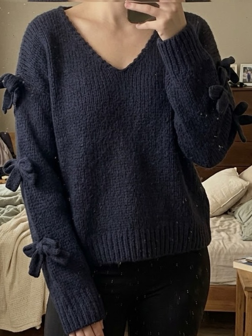 Hollister Navy Bow-Sleeve V-Neck Sweater NWT